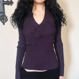 Temperament Cross-Deep V-Neck Design Woolen Top Bottom Bottom Tight Waist Short Long-Sleeved Knitted