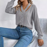 Shooting 2025 Autumn And Winter Leisure Hollow V-Necked Lantern Sleeve Sweater Women's