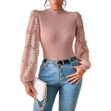 Round Collar Hollow Coated Women Autumn Fashion Pineapple Lace Splicing Sleeve Jersey
