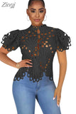 Casual Lantern Short Sleeve Stand Collar Shirts Sexy Lace Hollow Out Short Blouse Female Elegant Red White Loose