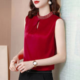 Summer Women's Shirt Chiffon Blouses for Women Sleeveless Solid Shirt Chinese Stand Neck Blouse Female Embroiderey