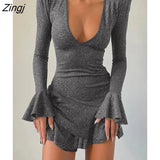 Sexy U-neck Ruffle Asymmetrical Mini Dress Women Bright Silk Butterfly Sleeve Slim Wrap Dress Elegant Bodycon