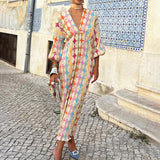 Women's Temperament Elegant Print Elegant V Collar Lantern Half-Sleeved A-Shaped Dress