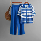 Women's Two-Piece Set Of Polo Tie Striped T-Shirt High-Waisted Broad Leg Pants Fashion