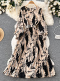 Vintage Women Printed Pleated Long Dress Elegant Round Neck Lantern Sleeve High Waist A-Line Maxi Vestidos Female