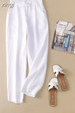 Summer Breathable Pants Large Size Loose Harem Ankle-Length Pants Cotton Linen Casual Pocket Black Elastic High Waist
