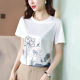 Fashion Women Shirt Silk Blouses for Woman Short Sleeve Shirts Tops Woman White Print Pullover Summer OL Blouse Tops