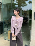 Xixi 2025 Autumn White Label Thin Temperament Hundred Lotus Leaf V Collar Chiffon Shirt Long-Sleeved Shirt Lady