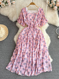 Women Floral Lace Midi Dress Vintage Square Collar Short Sleeve High Waist A-Line Slim Flower Printed Vestidos