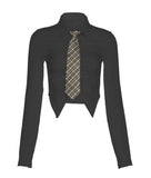 Zingj 2023 New Women's Solid Color Slim Crop Fashion Irregular Lapel Shirt-Outfit