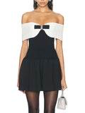 Fashion Temperament Dress Women 2025 Spring New Word Shoulder Black And White Colliding Design Design Sense Short