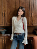 Xixi 2025 Autumn White Label New Temperament Lace V Word Collar Shirt Lady 100 Cloth Women