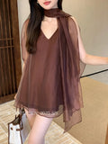 Xixi 2025 Summer New Temperament Elegant V Collar Hanging Neck Short-Sleeved Dress Women