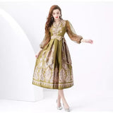 Famous Woman On Holiday Wrapped With V-Neck Lantern Sleeve Long Retro-Print Dress Elegant