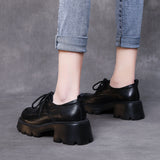 British Style Small Leather Shoes Women Thick Heel Low-Skinny Pine Shoes Spring And Autumn Lace With Lefu Single Shoes Pine Cake Thick