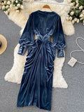 Women Blue Draped Velvet Long Dress Elegant V-Neck Lantern Sleeve High Waist Party Robe Female Autumn Winter 2023 New