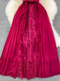 Women Lace Patchwork Pleated Long Dress Elegant Round Neck Short Sleeve High Waist Draped Party Maxi Vestidos Female