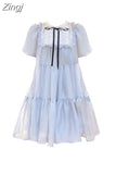 Women's Blue Gauze Mesh Dress Vintage Korean Harajuku Short Sleeve One Piece Lace Midi Dress 2023 Summer Princess Fairy