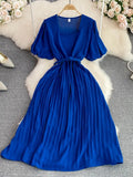 Vintage Pleated Midi Dress Women Green/Red/Blue Square Collar Puff Short Sleeve High Waist Draped Vestidos Female