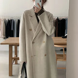Chic Autumn And Winter Simple Temperament Collar Double Buckle Strap Loose Long-Term Warm Coat