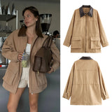 Spring And Autumn Collar Bumping Big Pocket Velvet Long Coat Women's