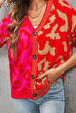Winter Pink Leopard Print Cardigan Women Knitted Sweater V-neck Female 2023 Loose Button Coat Warm Cardigan for