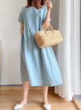 New Leisure Spring And Summer Loose Skirt Short Sleeve Round Neck Solid Cotton Linen