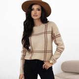 Autumn And Winter New Lattice Color Collar Sweater Women Casual Long-Sleeved Round Collar Collar Knitted