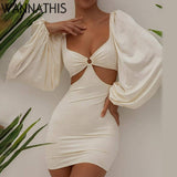Clubwear Cut Out Casual Lantern Long Sleeve Women Mini Dress Circle Elegant Summer Sexy Bodycon Mini Vestidos