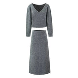 Temperament Gray V-Neck Long-Sleeved Knitwear In Autumn 2025 + High-Waisted Knitted Half-Dress