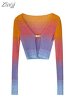 Long Sleeve T Shirt Women's Basic Korean Vintage Knitted Rainbow Stripe Crop Tops Femme High Street Casual Slim Tee