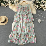 Autumn Women Printed Long Dress Vintage Puff Sleeve High Waist A-Line Casual Maxi Vestidos Vacation Beach Robe