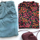 Women Floral Printing French Retro Simple Vintage College Female Spring Korean Style Chic Soft Clothes Long Sleeve