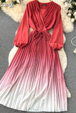 Draped Long Dress Women Elegant V-Neck Puff Sleeve High Waist Pleated A-Line Party Vestidos Female Spring