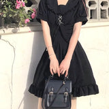 Black Lolita Dress Women Korean Style Puff Sleeve High Waist Party Dress Summer Vintage Sweet Ruffle Kawaii Fairy
