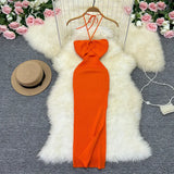 Zingj Sunshine Wind Sweet Slim Show Thin Tight Knit Dress Socialite Temperament Hanging Neck Off The Shoulder Slit