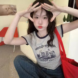 Zingj And Spicy Wind Letter Print T-Shirt Female 2024 Summer Slim Slim Short Color Round Collar Short-Sleeved Student