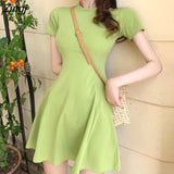Women Dresses Short Sleeve Solid Sexy Stretchy Midi O-neck Sweet Girls Leisure Slim Skinny Elegant Empire Stylish Streetwear