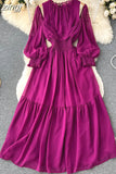 Vintage Purple/Green/Orange Women Draped Long Dress Elegant Ruffle Collar Hollow Out High Waist A-Line Vestidos