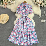 Vintage Women Printed Long Dress Elegant Turn-Down Collar Single Breasted Short Sleeve High Waist A-Line Maxi Vestido