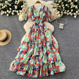 Vintage Gentle Windy Fragmented Flower Dress Summer New High Waist Thin Spinning