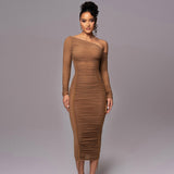 Zingj 2024 The New Women's Long Sleeve Mesh Splicing Inclined Shoulder Long Temperament Pleated Dress
