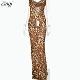 Sexy V Neck Leopard Party Dress Women Spaghetti Strap Backless Slim Maxi Dress Summer Chiffon Long Beach Dress