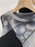 Zingj 2024 New, Tie-Dye Stitching Long-Sleeved T-Shirt Round Collar Slim Color Bright Line Design Short Top