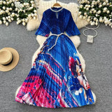Women's Niche Elegant Dress New Hollow Nail Ball Neck-To-Celing Waist-Print Folding Long