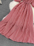 Vintage Women Spaghetti Strap Plaid Dress Female Elegant Short Puff Sleeve High Waist A-Line Casual Vestidos New