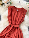 Solid Green/Blue/Yellow Casual Dress Elegant Sleeveless Round Neck Sashes Dresses Vintage 2023 New Fashion Vestido