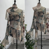 Spice Girls Inclined Shoulder Horn Long-Sleeved T-Shirt Around The Neck With Flowers Lotus Leaf-Lace Mesh Yarn Women