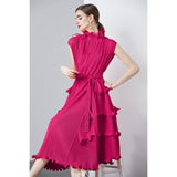 Zingj Ear Draw Pleattie Irregular Hem Belt Fold Long Dress Female Commuting Foreign Style Stand Collar