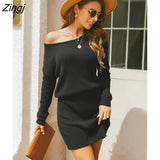 PETAL Black One Shoulder Sweater Dress For Women Sexy Long Sleeve Mini Dress 2023 Autumn Winter Loose Sweater